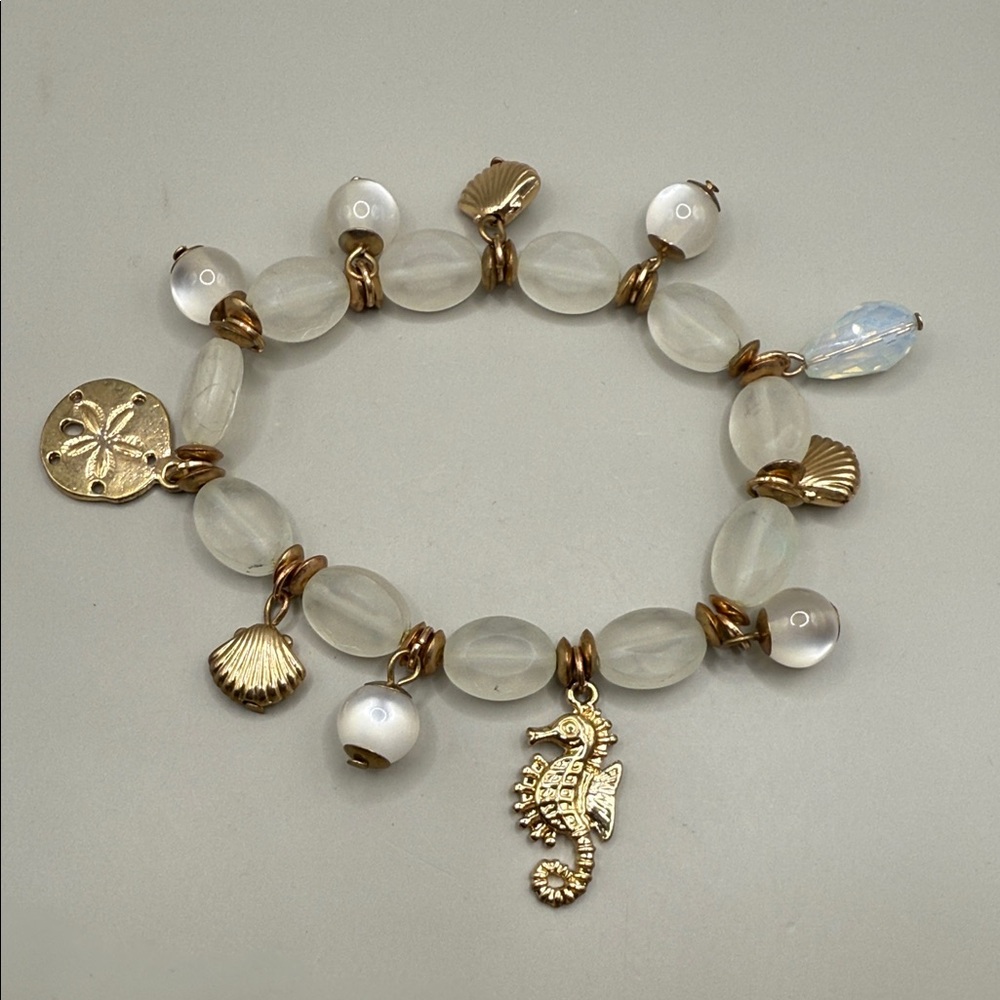 Vintage Gold Tone White Beaded Bracelet Beach Themed Charms Bangle Cuff Bracelet